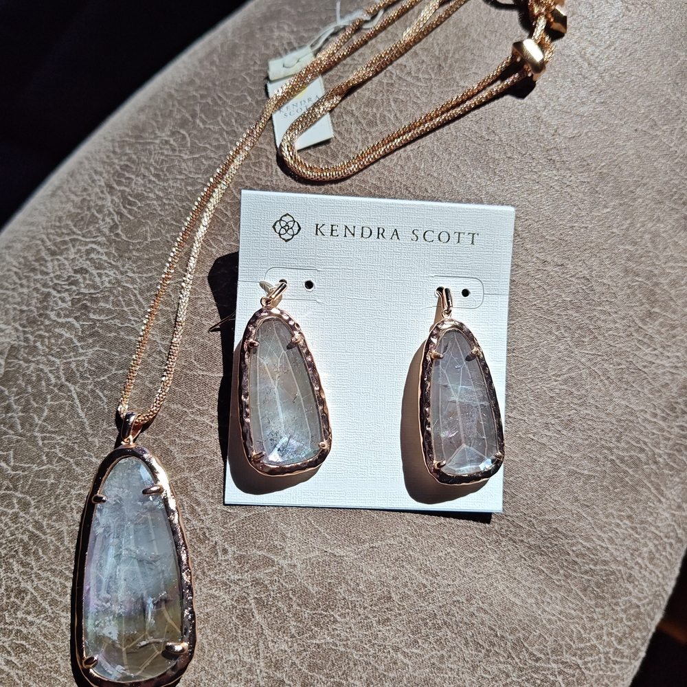 Kendra Scott Rose Gold Necklace with Iridescent Pendant & Matching Earrings